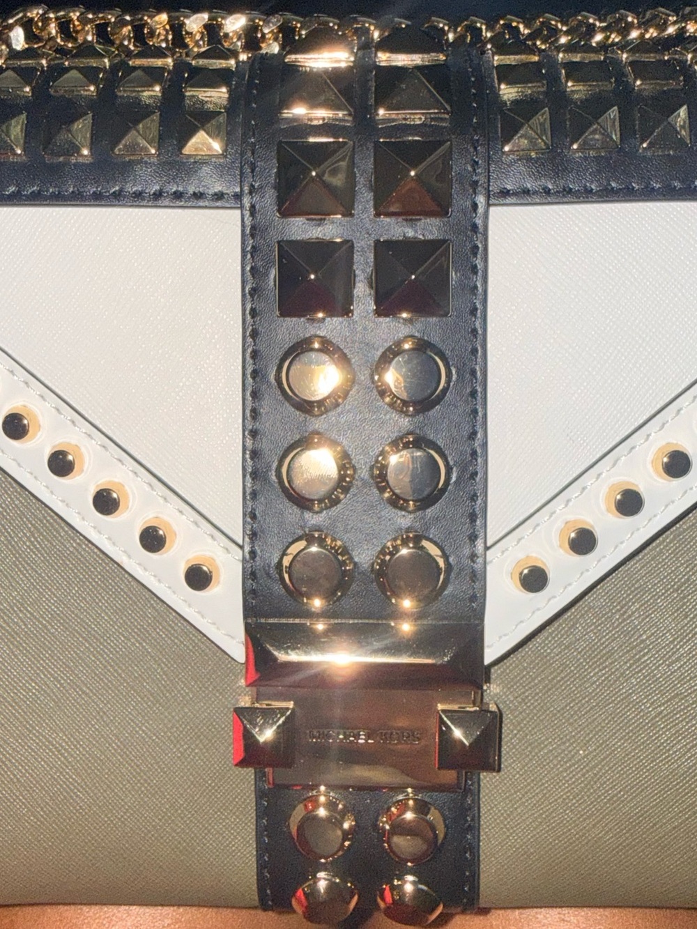 Michael Kors Olive, Black & White Studded Crossbody with Gold Chain - Picture 4 of 5